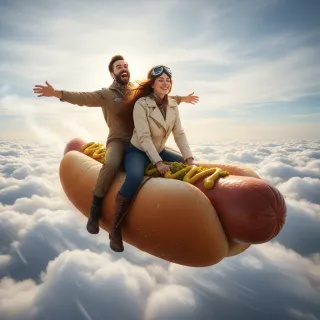 Photo booth AI style: riding a flying hot dog through clouds